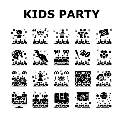 Kids Birthday Party Collection Icons Set Vector. Magic And Disco Kids Birthday Party, Outdoor Soccer Sport And Virtual Escape Room, Pool And Beach Glyph Pictograms Black Illustrations