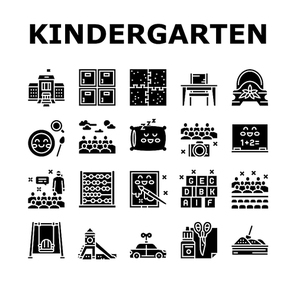 Kindergarten Activity Collection Icons Set Vector. Kindergarten Sleeping And Walking Time, Mathematics And Painting Studying Lesson, Puzzle Jigsaw And Toy Glyph Pictograms Black Illustrations