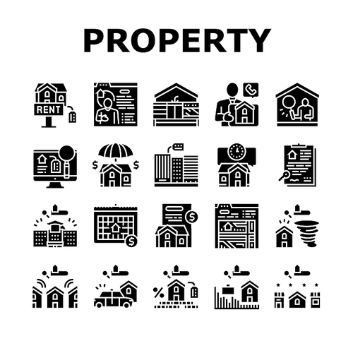 Property Rental Agency Collection Icons Set Vector. Signing Contract And Payment Of Taxes, Insurance And Inspection Property Rental Agent Service Glyph Pictograms Black Illustrations