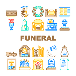 Funeral Dead Ceremony Collection Icons Set Vector. Urn And Grave, Car And Coffin, Flowers And Wreath, Candles In Church Funeral Ceremonial Equipment Line Pictograms. Contour Color Illustrations