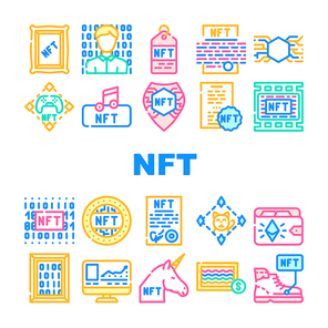 Nft Digital Technology Collection Icons Set Vector. Nft Cryptocurrency Coin And Blockchain, Payment For Games And Buying Goods On Auction Line Pictograms. Contour Color Illustrations