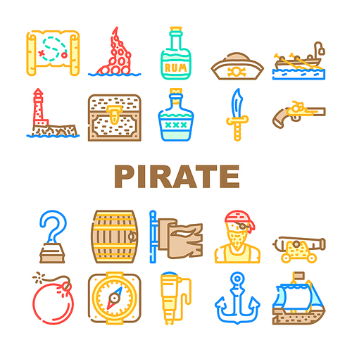 Pirate Sea Robber Collection Icons Set Vector. Pirate Ship Floating In Ocean And Flag, Hat And Compass, Weapon And Saber, Treasure Chest And Drink Barrel Line Pictograms. Contour Color Illustrations