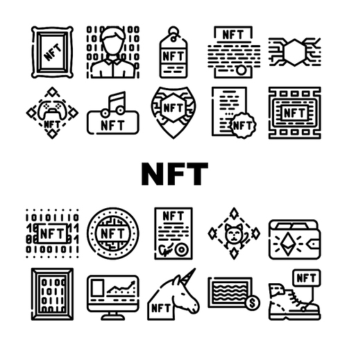 Nft Digital Technology Collection Icons Set Vector. Nft Cryptocurrency Coin And Blockchain, Payment For Games And Buying Goods On Auction Black Contour Illustrations