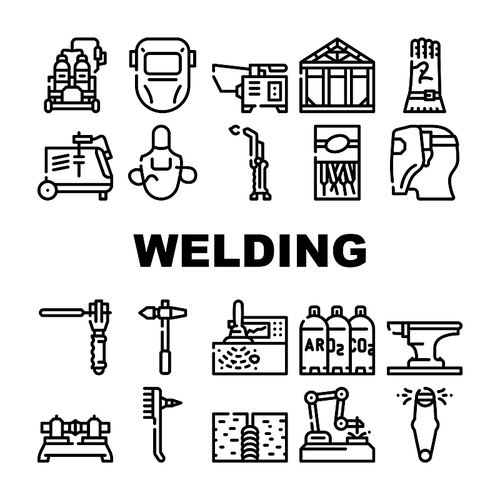 Welding Engineering Collection Icons Set Vector. Welding Torch And Electric Station Equipment, Protective Glove And Facial Mask, Hammer And Electrodes Black Contour Illustrations