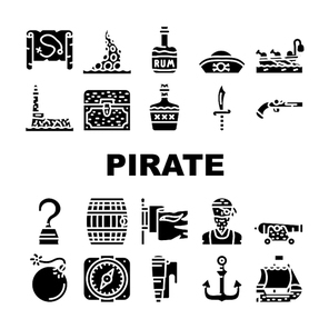 Pirate Sea Robber Collection Icons Set Vector. Pirate Ship Floating In Ocean And Flag, Hat And Compass, Weapon And Saber, Treasure Chest And Drink Barrel Glyph Pictograms Black Illustrations