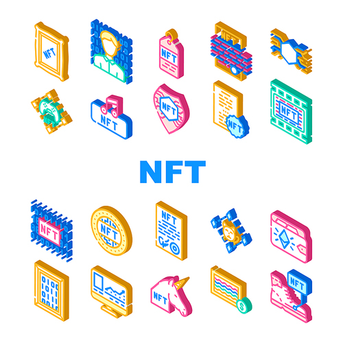 Nft Digital Technology Collection Icons Set Vector. Nft Cryptocurrency Coin And Blockchain, Payment For Games And Buying Goods On Auction Isometric Sign Color Illustrations