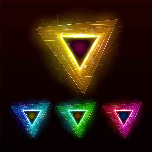 Night Club Decoration Triangle Shape Set Vector. Multicolor Illuminate Night Club Accessories Glowing For Party Event. Shiny Discotheque Lighting Elegant Lamps Template Realistic 3d Illustration