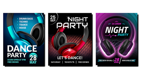 Night club music poster set vector. Event party concept. Show card design. Dark neon light. 3d realistic illustration