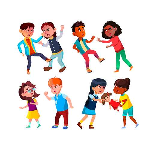 Boys And Girls Kids Aggression Conflict Set Vector. Schoolboys And Schoolgirls Aggression Quarrel, Bullying And Fight. Characters School Pupils Disagreement Flat Cartoon Illustrations