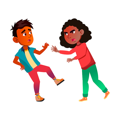 Schoolboy And Schoolgirl Fighting In School Vector. Shocked Hispanic Boy And Angry African Girl Shouting And Fighting Together. Characters Disagree Problem Flat Cartoon Illustration