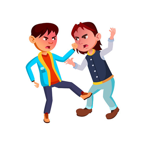 Schoolboys Fighting In School Corridor Vector. Aggressive Asian And Caucasian Boys Fighting On Playground Togetherness. Mad And Crazy Characters Fight And Flat Cartoon Illustration