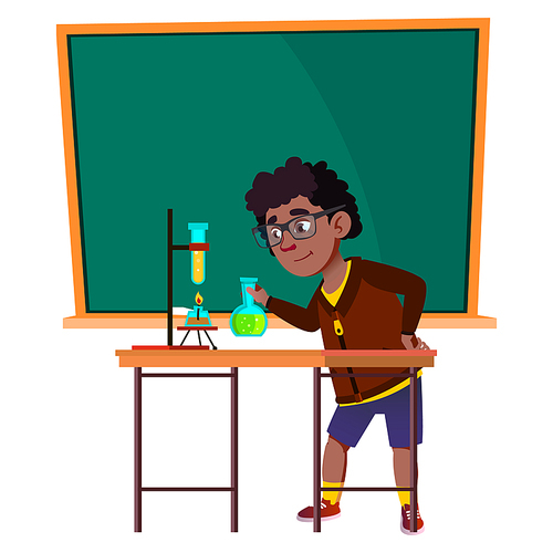 School Boy Scientist Make Lab Experiment Vector. African Schoolboy Making Laboratory Experiment With Chemical Liquid In Class. Character Studying At Chemistry Lesson Flat Cartoon Illustration