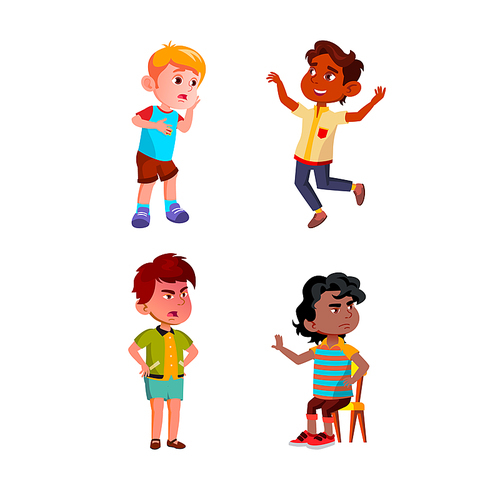 Boys Kids Emotions And Mood Variation Set Vector. Shocked And Frustrated, Happy And Angry Children Emotions. Characters Schoolboys Positive And Negative Expression Flat Cartoon Illustrations