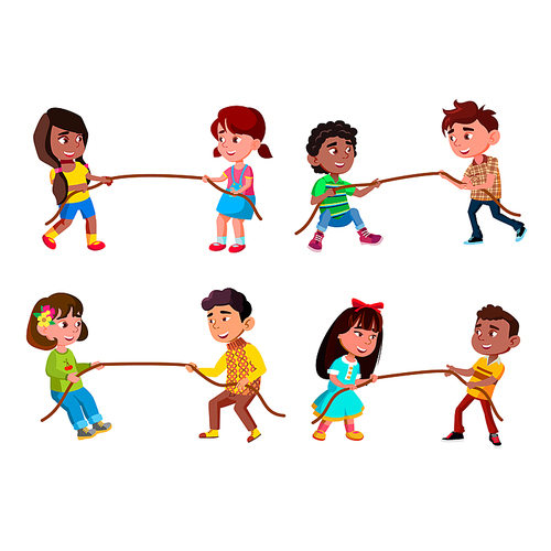 Boys And Girls Children Pulling Rope Set Vector. Schoolboys And Schoolgirls Kids Pulling Rope Sportive Tournament. Characters Playing Tugs Sport Competition Flat Cartoon Illustrations