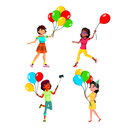 Teens Girls Walking With Air Balloons Set Vector. Teenagers Ladies Walk With Multicolored Balloons In Park And Birthday Party, Make Selfie And Running Outdoor. Characters Flat Cartoon Illustrations