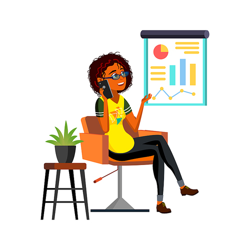 Business Woman Talking With Ceo On Phone Vector. Hispanic Businesswoman Talk And Reporting About Company Achievement On Mobile Phone. Character Conversation Flat Cartoon Illustration