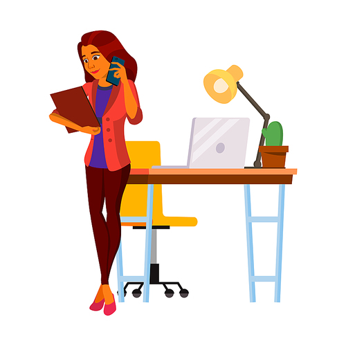 Business Woman Assistance Talk On Phone Vector. Latin Businesswoman Talking With Employee On Mobile Phone And Discussing About Project. Character Corporate Connection Flat Cartoon Illustration