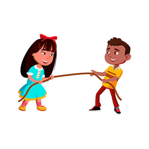 Preteen Children Pulling Rope Together Vector. African Schoolboy And Chinese Schoolgirl Pulling Rope On School Sport Competition. Characters Sportive Activity Flat Cartoon Illustration