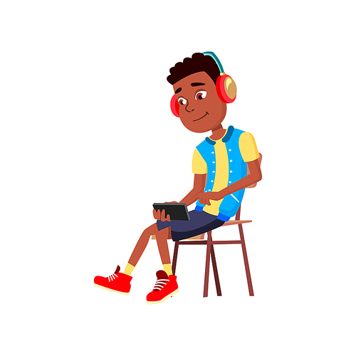 Schoolboy Watch Movie On Smartphone Screen Vector. African School Boy Sitting On Chair And Watching Video On Smartphone Display And Headphones. Character Entertainment Flat Cartoon Illustration