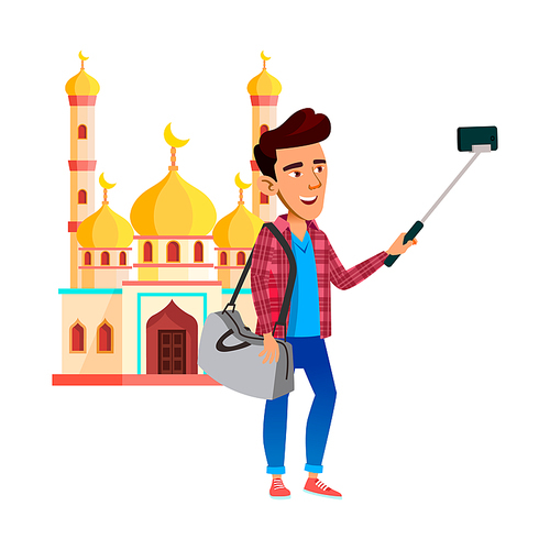 Schoolboy Make Selfie On Smartphone Camera Vector. Asian School Boy Traveling And Making Photography On Mobile Phone Digital Camera. Character Vacation Photo Flat Cartoon Illustration