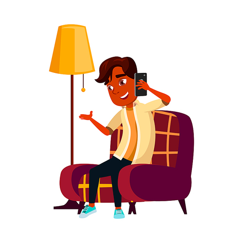 Schoolboy Talking With Friend On Smartphone Vector. Indian School Boy Sitting On Armchair In Living Room And Talk With Classmate In Smartphone. Character Conversation Flat Cartoon Illustration