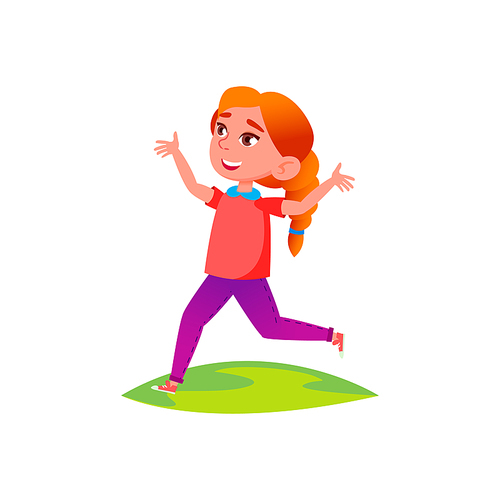 School Girl Run And Enjoy In Park Outside Vector. Happy Caucasian Schoolgirl Enjoying Nature And Run On Green Grass. Character Running With Positive Emotion Flat Cartoon Illustration