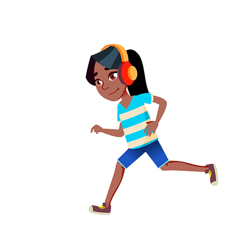 Schoolgirl Teen Athlete Running Outdoor Vector. African School Girl Listening Music In Earphone And Running On Stadium Or Park. Character Jogging, Sportive Activity Flat Cartoon Illustration