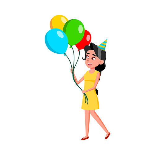 Girl Teen Walking With Air Balloons Bunch Vector. Happy Caucasian Teenager Lady Walking With Multicolored Festival Helium Balloons. Character Celebrating Birthday Anniversary Flat Cartoon Illustration