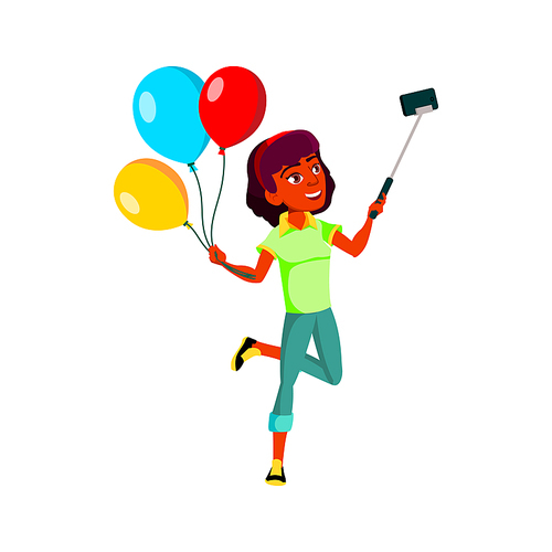 Girl Teen Make Selfie With Air Balloons Vector. Happiness Hispanic Teenager Lady Making Photography On Smartphone Camera With Romantic Gift Helium Balloons. Character Flat Cartoon Illustration