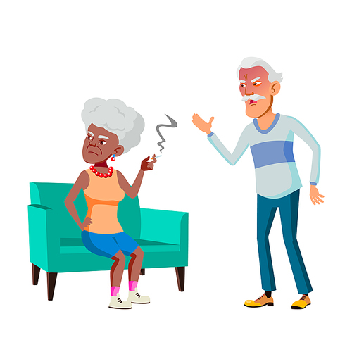 Old Man Quarreling With Woman Of Smoking Vector. Elderly Asian Grandfather Quarreling With African Smoke Cigarette Senior Lady In Apartment. Characters Quarrel Flat Cartoon Illustration