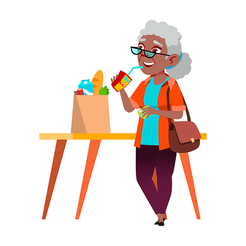 Old Woman Drinking Juice From Packaging Vector. Elderly African Lady Enjoying Vitamin Natural Juice After Grocery Shopping. Character Enjoy Healthcare Drink Flat Cartoon Illustration