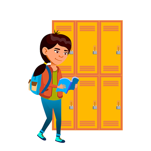 Schoolgirl Reading Book In College Corridor Vector. Asian Young Girl Walking In School And Read Educational Book, Preparing For Lesson. Character Education Flat Cartoon Illustration