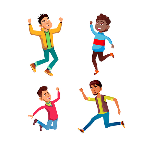 jumping teen boy set. happy young teenage. student person. joy male. excited guy. vector character flat cartoon Illustration