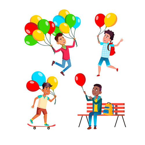 school kid boy with air balloon set. kid birthday party. happy little boy. childre play with balloon. summer holiday. vector character flat cartoon Illustration