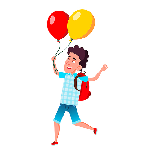 school kid boy with air balloon. party celebration. cute child. summer holiday. vector character flat cartoon Illustration