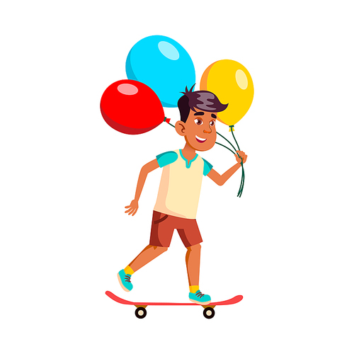 school kid boy with air balloon. holiday decoration. childhood anniversary. vector character flat cartoon Illustration