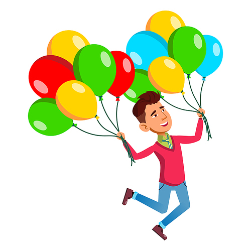 school kid boy with air balloon. summer expression.kid birthday party. vector character flat cartoon Illustration