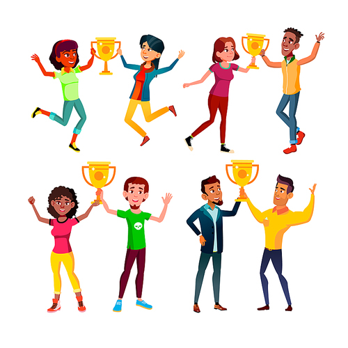 Teen boy girl with trophy cup. sport competition award. teenager champion prize. school gold medal. pedestal winner champion. athlete award. vector character flat cartoon Illustration