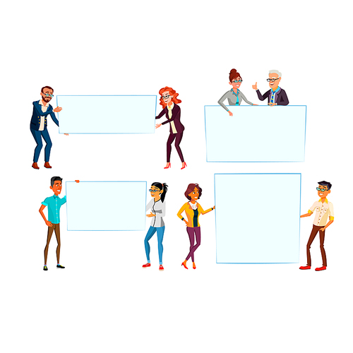 Business man woman with empty banner set. Person with placard. Crowd with background. Young team. Corporate poster. Teamwork template. vector character flat cartoon Illustration