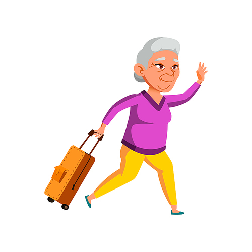 Running old woman late. Grandma late. hurrying to board plane bus vector character flat cartoon Illustration