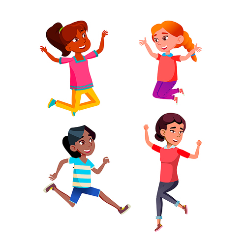 Jumping teen girl set. joy person. fun young girl. positive kid. cute child. active sport human. action university friend. vector flat cartoon illustration