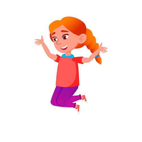 Happy jumping teen girl. joy person. pupil smile. vector flat cartoon illustration