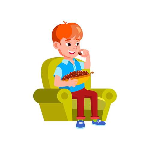 fat boy eating sweets, sugar food. vector flat cartoon illustration