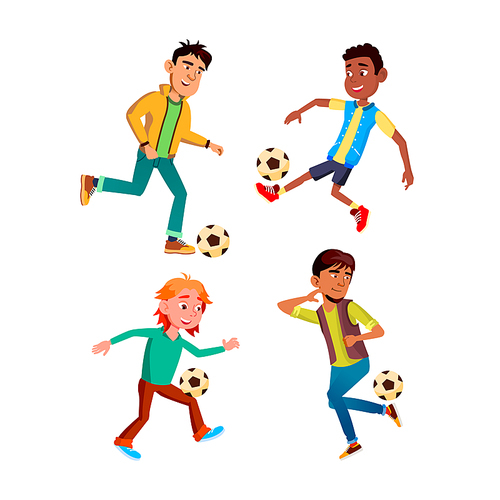 teen boy playing football set. soccer player. kid boy. kick ball. sport team. children on field. active kicker. vector flat cartoon illustration