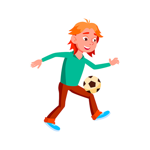 soccer teen boy playing football, children on field. vector flat cartoon illustration