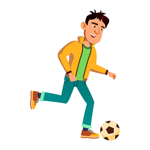 kid teen boy playing football, kid boy. kick ball. sport team. vector flat cartoon illustration