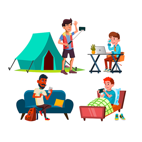 teen boy using smartphone set, happy chat. social person. smart media. gadget technology. addict human. vector flat cartoon illustration