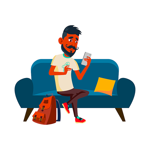 character teen boy using smartphone happy chat. gadget technology. digital app. vector flat cartoon illustration