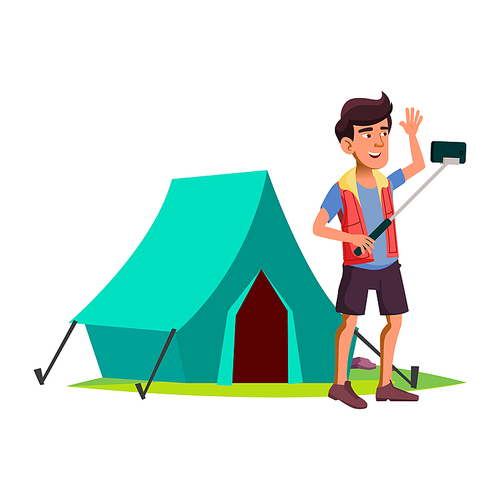 person teen boy using smartphone smart media. messenger network. vector flat cartoon illustration