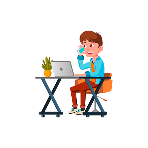 teen boy using talking smartphone addict human. work device. vector flat cartoon illustration